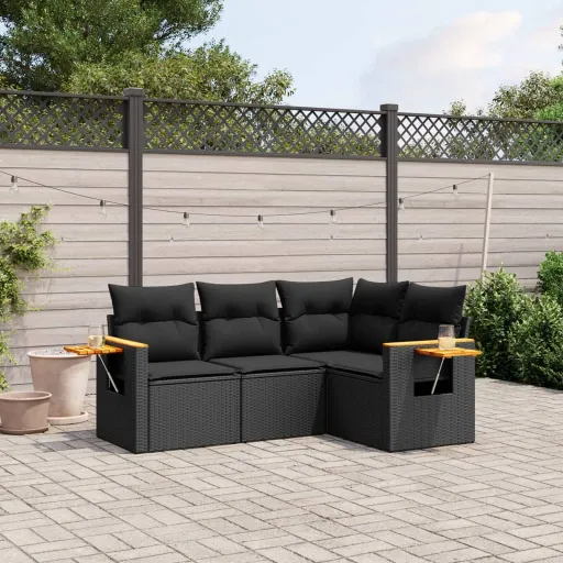 Conjunto de Sofás para Jardim c/ Almofadões Vime PE Preto (4 pcs)