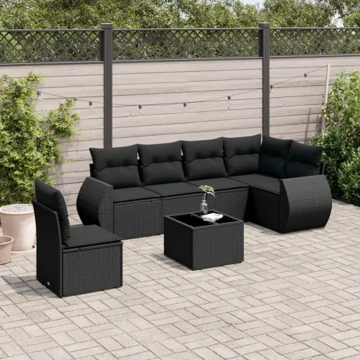 Conjunto de Sofás p/ Jardim c/ Almofadões Vime PE Preto (7 pcs)