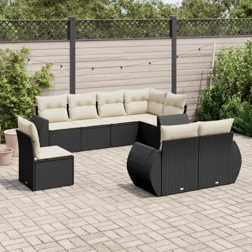 Conjunto Sofás de Jardim com Almofadões Vime PE Preto (8 pcs)