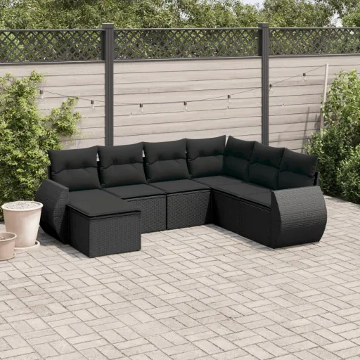 Conjunto de Sofás p/ Jardim c/ Almofadões Vime PE Preto (7 pcs)