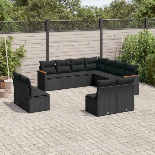 Conjunto Sofás de Jardim c/ Almofadões Vime PE Preto (11 pcs)