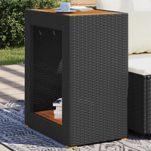 Mesa Apoio Jardim c/ Tampo Madeira 60x40x75 cm Vime PE Preto