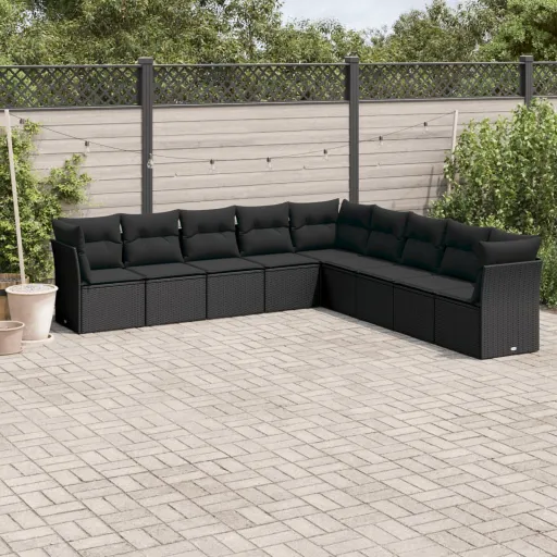 Conjunto de Sofás p/ Jardim c/ Almofadões Vime PE Preto (9 pcs)