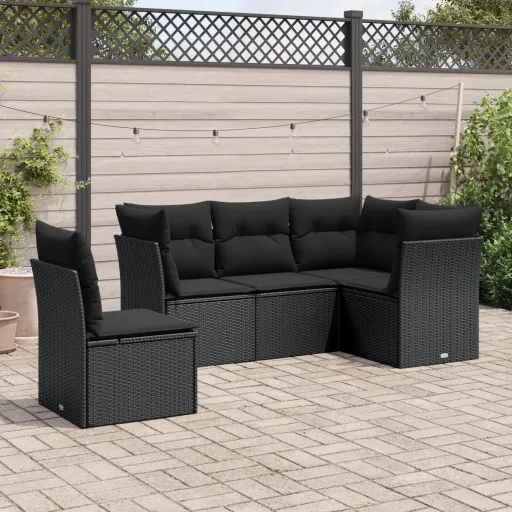 Conjunto Sofás de Jardim com Almofadões Vime PE Preto (5 pcs)