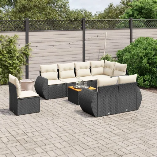 Conjunto de Sofás p/ Jardim c/ Almofadões Vime PE Preto (9 pcs)