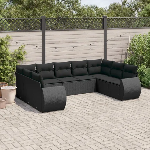 Conjunto de Sofás p/ Jardim c/ Almofadões Vime PE Preto (9 pcs)