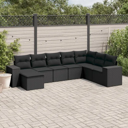 Conjunto Sofás de Jardim com Almofadões Vime PE Preto (8 pcs)