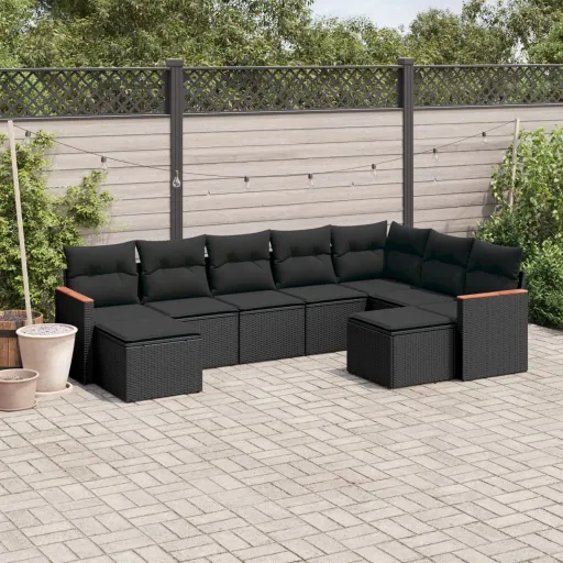 Conjunto de Sofás p/ Jardim c/ Almofadões Vime PE Preto (9 pcs)