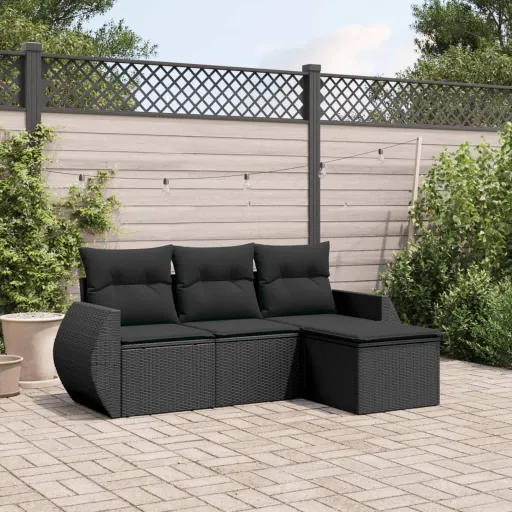 Conjunto de Sofás para Jardim c/ Almofadões Vime PE Preto (4 pcs)