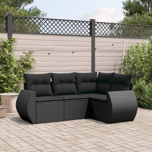 Conjunto de Sofás para Jardim c/ Almofadões Vime PE Preto (4 pcs)