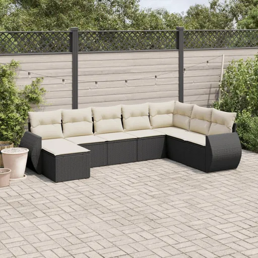 Conjunto Sofás de Jardim com Almofadões Vime PE Preto (8 pcs)