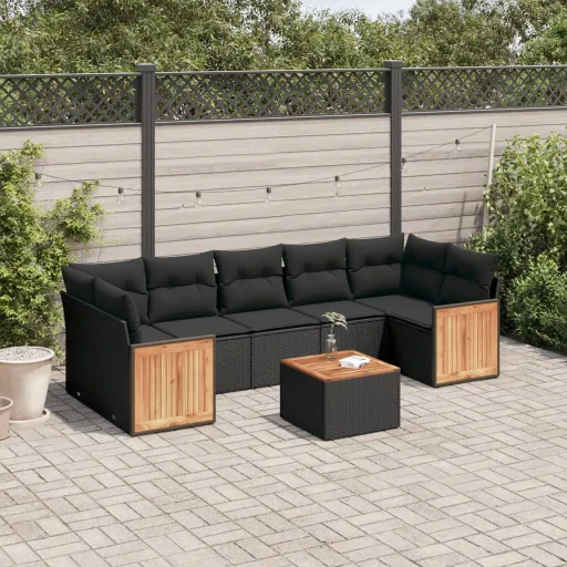 Conjunto Sofás de Jardim com Almofadões Vime PE Preto (8 pcs)