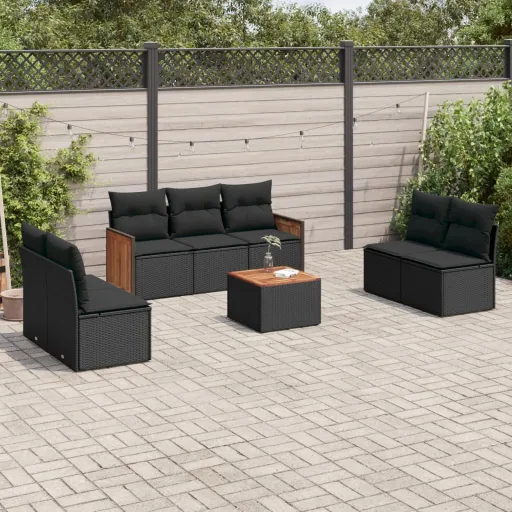 Conjunto Sofás de Jardim com Almofadões Vime PE Preto (8 pcs)