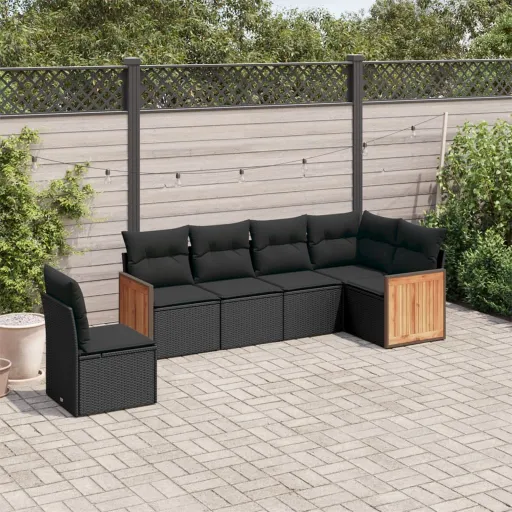 Conjunto Sofás de Jardim c/ Almofadões Vime PE Preto (6 pcs)