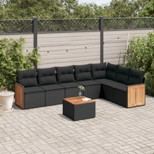 Conjunto Sofás de Jardim com Almofadões Vime PE Preto (8 pcs)