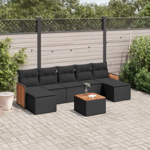 Conjunto Sofás de Jardim com Almofadões Vime PE Preto (8 pcs)