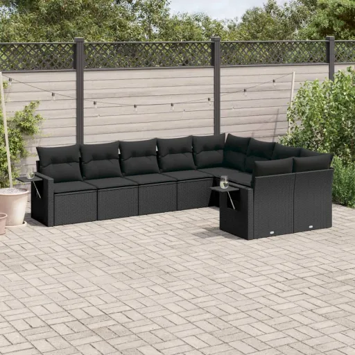 Conjunto de Sofás p/ Jardim c/ Almofadões Vime PE Preto (9 pcs)