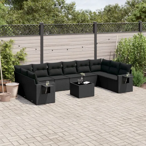 Conjunto Sofás de Jardim c/ Almofadões Vime PE Preto (11 pcs)