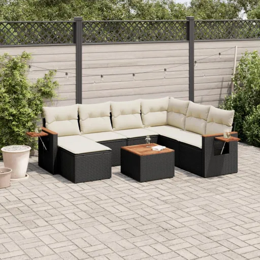 Conjunto Sofás de Jardim com Almofadões Vime PE Preto (8 pcs)