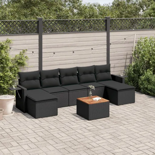 Conjunto Sofás de Jardim com Almofadões Vime PE Preto (8 pcs)