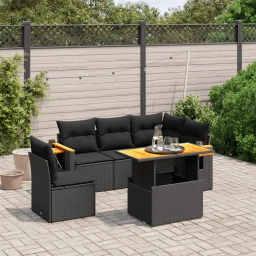 Conjunto Sofás de Jardim c/ Almofadões Vime PE Preto (6 pcs)