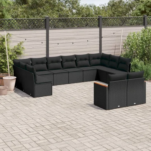 Conjunto de Sofás de Jardim c/ Almofadões Vime PE Preto (12 pcs)