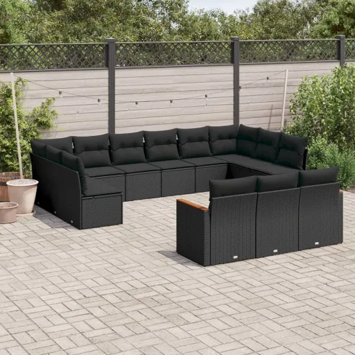 Conjunto de Sofás de Jardim com Almofadões Vime PE Preto (13 pcs)