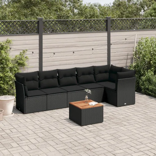 Conjunto de Sofás p/ Jardim c/ Almofadões Vime PE Preto (7 pcs)