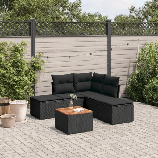 Conjunto Sofás de Jardim c/ Almofadões Vime PE Preto (6 pcs)