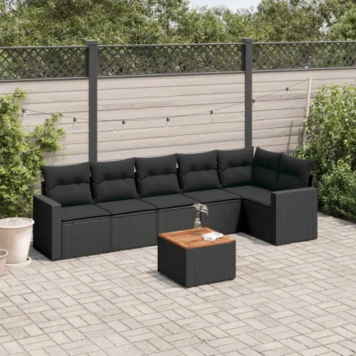 Conjunto de Sofás p/ Jardim c/ Almofadões Vime PE Preto (7 pcs)