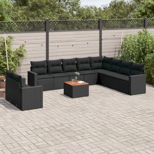 Conjunto Sofás de Jardim c/ Almofadões Vime PE Preto (11 pcs)