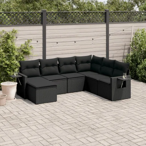 Conjunto de Sofás p/ Jardim c/ Almofadões Vime PE Preto (7 pcs)