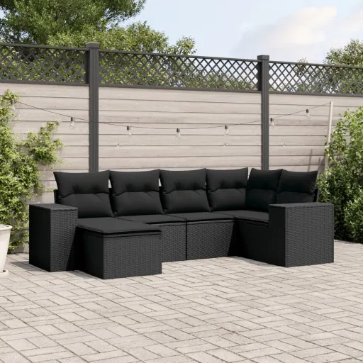 Conjunto Sofás de Jardim c/ Almofadões Vime PE Preto (6 pcs)