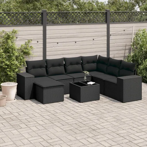 Conjunto Sofás de Jardim com Almofadões Vime PE Preto (8 pcs)