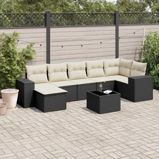 Conjunto Sofás de Jardim com Almofadões Vime PE Preto (8 pcs)