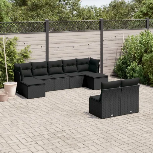 Conjunto de Sofás p/ Jardim c/ Almofadões Vime PE Preto (9 pcs)