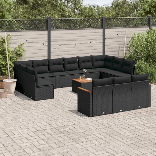 Conjunto de Sofás p/ Jardim c/ Almofadões Vime PE Preto (14 pcs)