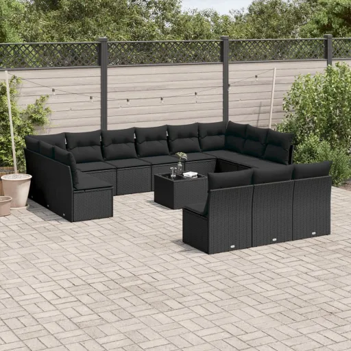 Conjunto de Sofás p/ Jardim c/ Almofadões Vime PE Preto (14 pcs)