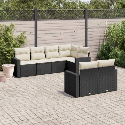 Conjunto de Sofás p/ Jardim c/ Almofadões Vime PE Preto (7 pcs)