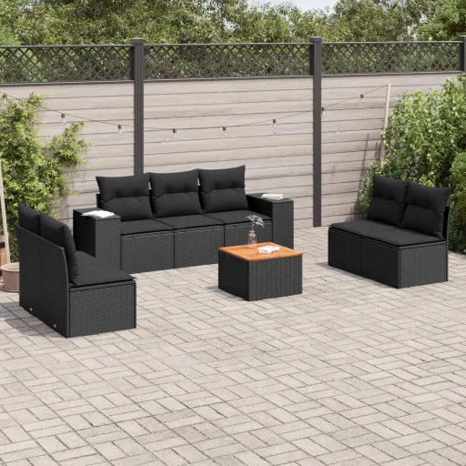 Conjunto Sofás de Jardim com Almofadões Vime PE Preto (8 pcs)