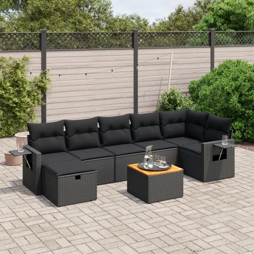 Conjunto Sofás de Jardim com Almofadões Vime PE Preto (8 pcs)