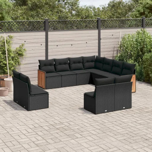 Conjunto Sofás de Jardim c/ Almofadões Vime PE Preto (11 pcs)