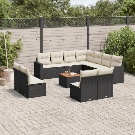 Conjunto de Sofás de Jardim c/ Almofadões Vime PE Preto (12 pcs)