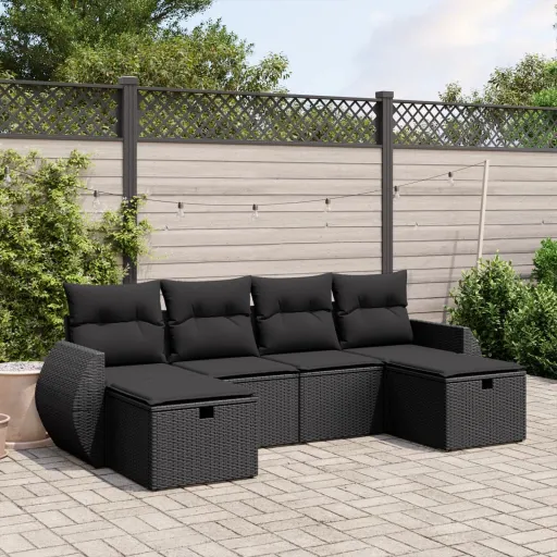 Conjunto Sofás de Jardim c/ Almofadões Vime PE Preto (6 pcs)