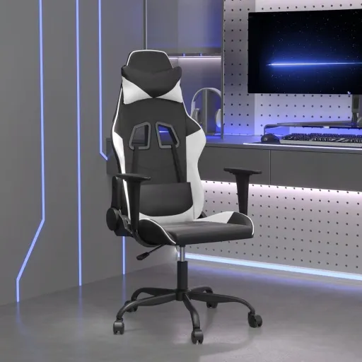 Cadeira Gaming Massagens Couro Artificial Preto e Branco