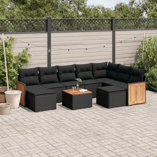 Conjunto Sofás de Jardim c/ Almofadões Vime PE Preto (10 pcs)