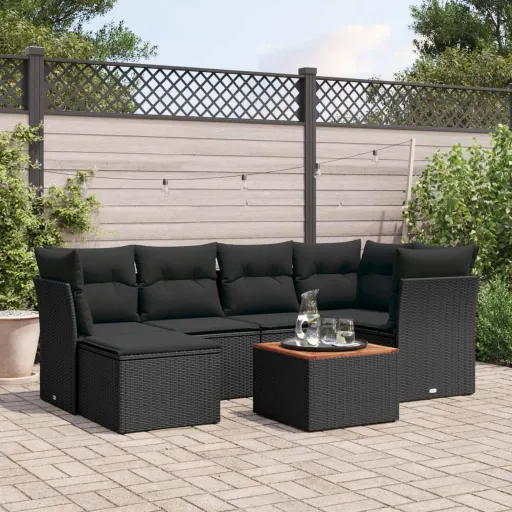 Conjunto de Sofás p/ Jardim c/ Almofadões Vime PE Preto (7 pcs)