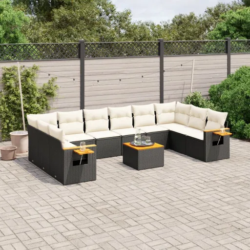 Conjunto Sofás de Jardim c/ Almofadões Vime PE Preto (11 pcs)