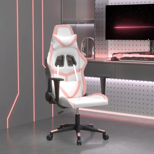 Cadeira Gaming Massagens Couro Artificial Branco e Rosa