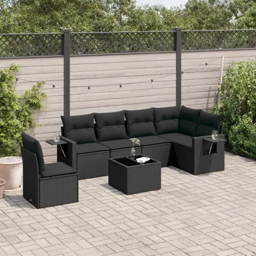 Conjunto de Sofás p/ Jardim c/ Almofadões Vime PE Preto (7 pcs)